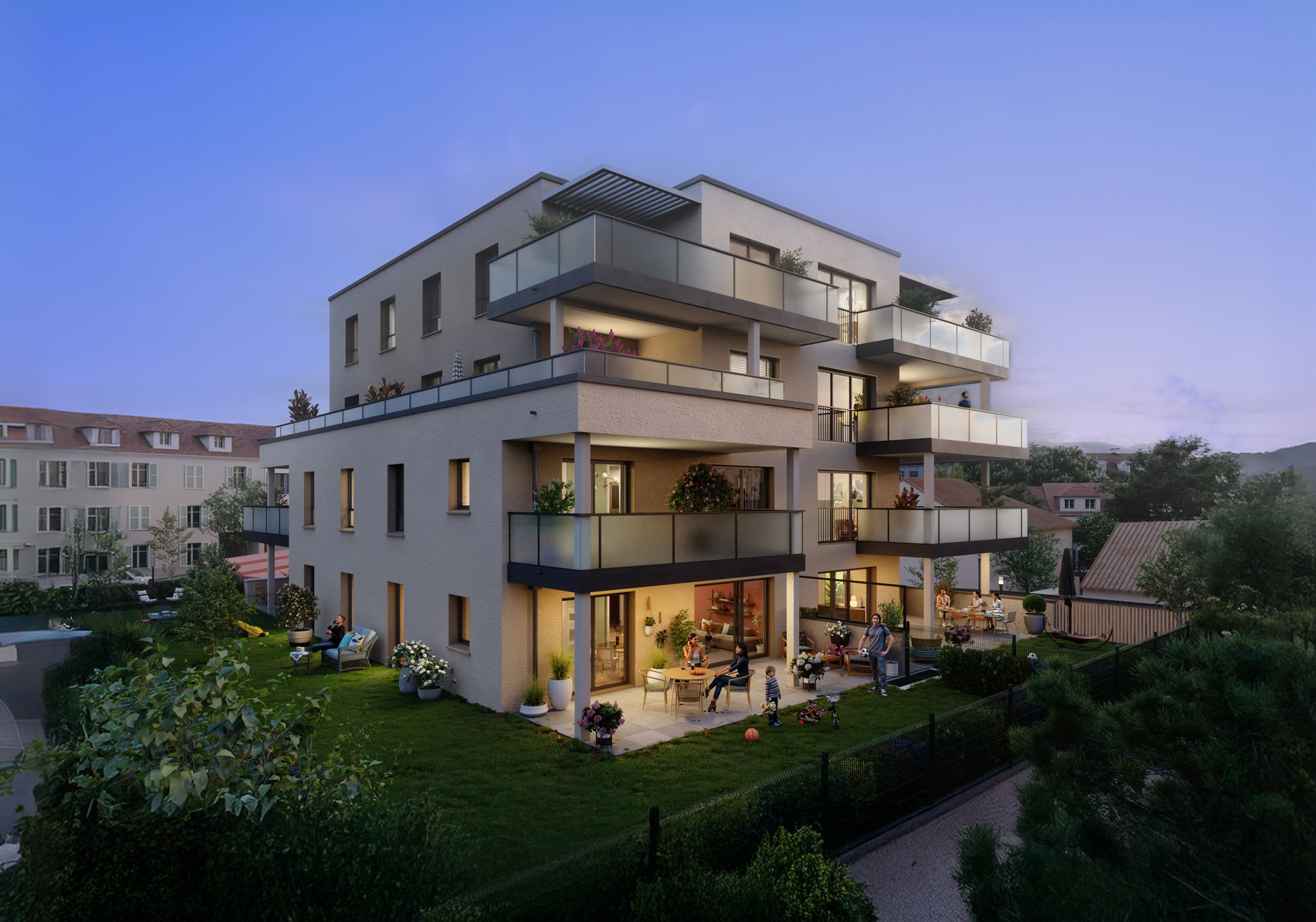 Jardin des verriers - Sablon - Perspective extérieure de nuit